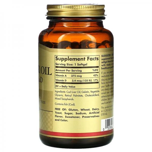 Витамины А и D3 из печени трески, Vitamins A and D3 cod liver oil, Solgar, 250 капсул - Фото 2