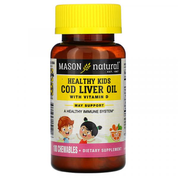 Риб'ячий жир для дітей з вітаміном D3, смак апельсина, Cod Liver Oil with Vitamin D3, Mason Natural, 100 жувальних таблеток - Фото 1