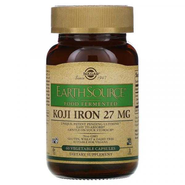 Железо коджи, Koji Iron, Solgar, EarthSource Food Fermented, 27 мг, 60 растительных капсул - Фото 1
