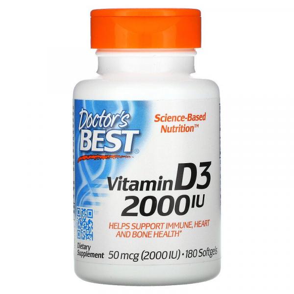 Витамин Д3, Vitamin D3, Doctor's Best, 50 мкг (2000 МЕ), 180 капсул - Фото 1