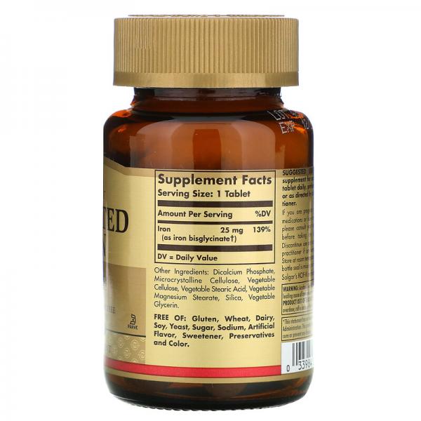 Хелатное железо, Бисглицинат железа, Chelated Iron, Solgar, 25 мг, 100 таблеток - Фото 2