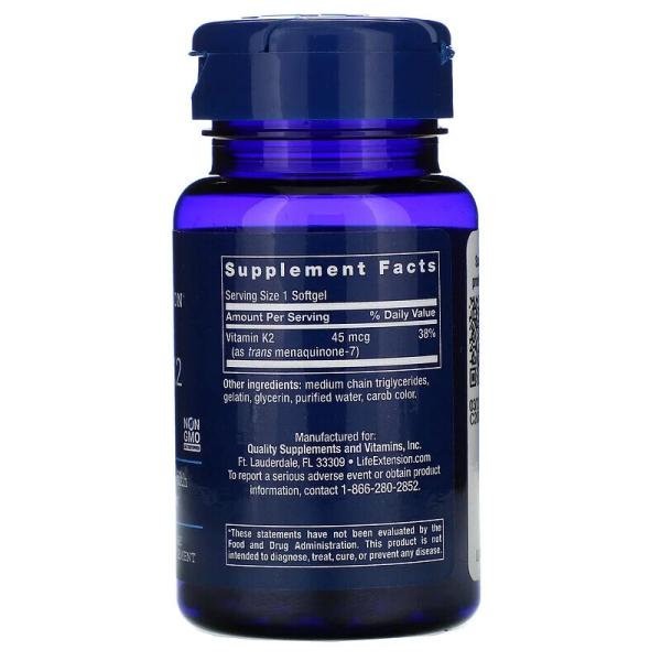 Небольшая доза витамина К2 (МК-7), Low Dose Vitamin K2, Life Extension, 45 мкг, 90 мягких желатиновых капсул - Фото 2