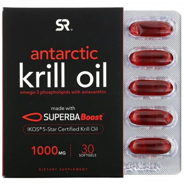 Антарктическое масло криля с астаксантином, Antarctic Krill Oil with Astaxanthin, Sports Research, 1000 мг, 60 гелевых капсул