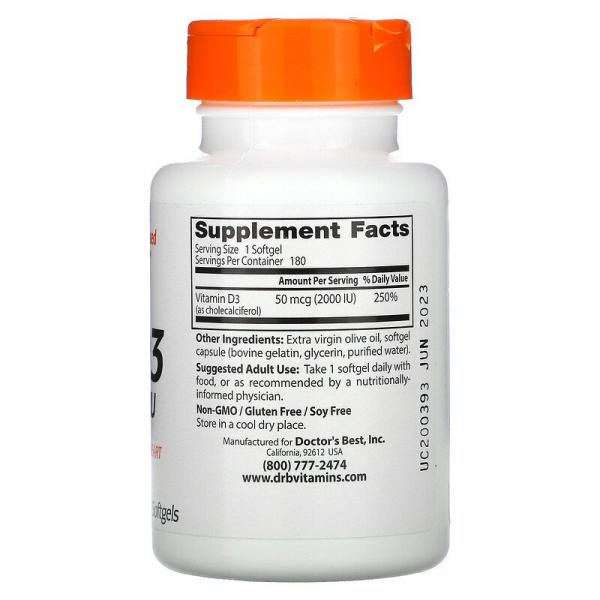 Витамин Д3, Vitamin D3, Doctor's Best, 50 мкг (2000 МЕ), 180 капсул - Фото 2