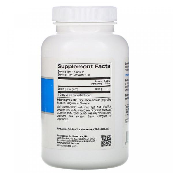 Лютеїн, Lutein, Lake Avenue Nutrition, 10 мг, 180 капсул - Фото 2