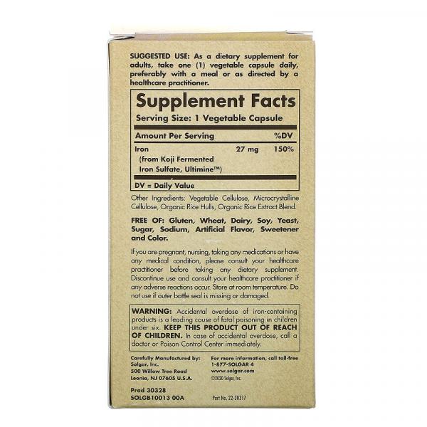 Железо коджи, Koji Iron, Solgar, EarthSource Food Fermented, 27 мг, 60 растительных капсул - Фото 3
