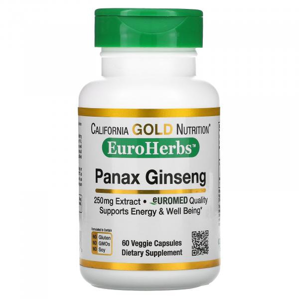 Экстракт женьшеня азиатского, Panax Ginseng Extract, California Gold Nutrition, EuroHerbs, 250 мг, 60 растительных капсул - Фото 1