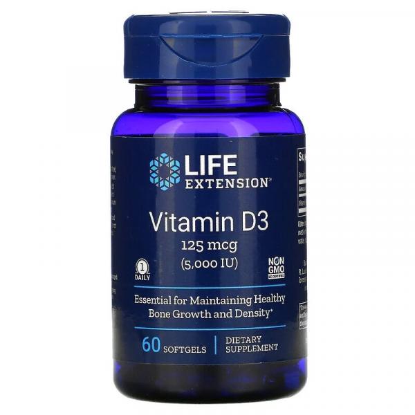 Витамин D3, Vitamin D3, Life Extension, 125 мкг (5000 МЕ), 60 гелевых капсул  - Фото 1