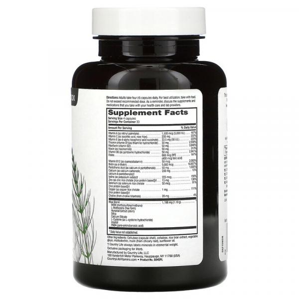 Для волос, кожи, ногтей, Maxi-Hair Plus, Country Life, 1250 мкг, 120 вегетарианских капсул - Фото 2