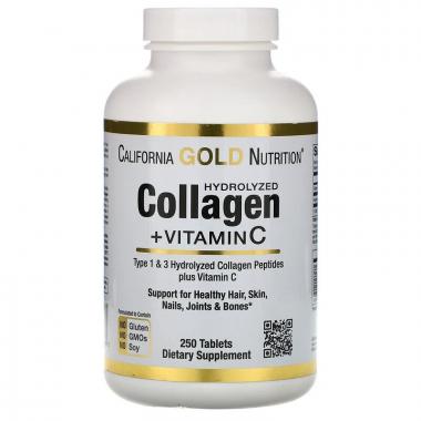 Collagen + Vitamin C, Гидролизованные коллагеновые пептиды + витамин С, California Gold Nutrition, тип I и III, 6000 мг, 250 таблеток 