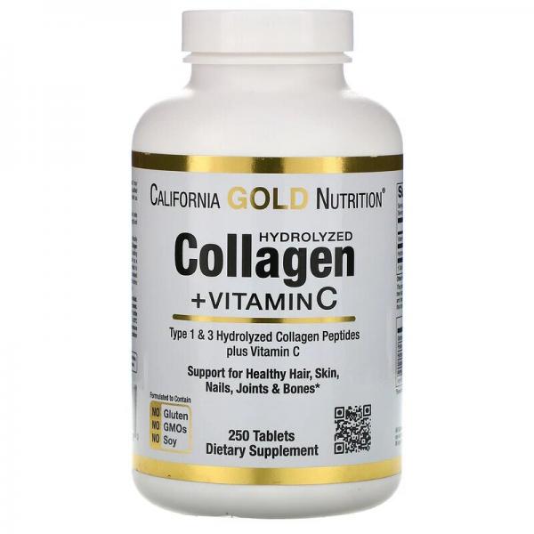 Collagen + Vitamin C, Гидролизованные коллагеновые пептиды + витамин С, California Gold Nutrition, тип I и III, 6000 мг, 250 таблеток  - Фото 1