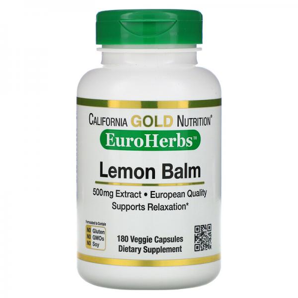 Экстракт мелиссы, европейское качество, Lemon Balm, California Gold Nutrition, EuroHerbs, 500 мг, 180 растительных капсул - Фото 1