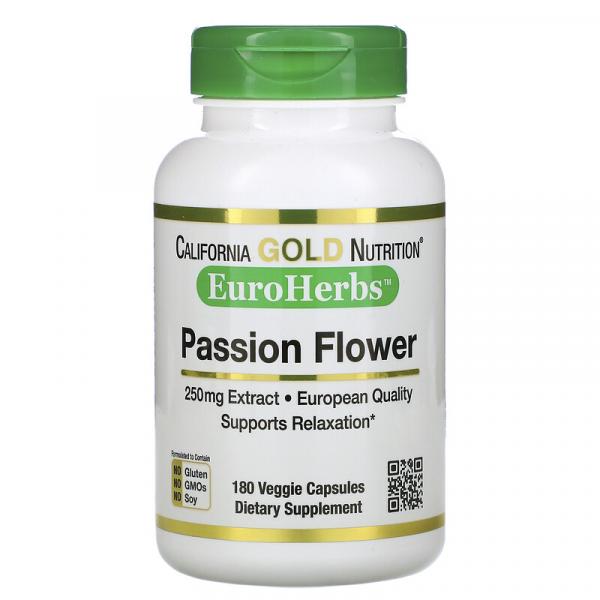 Страстоцвет, Passion Flower, California Gold Nutrition, EuroHerbs, 250 мг, 180 растительных капсул - Фото 1