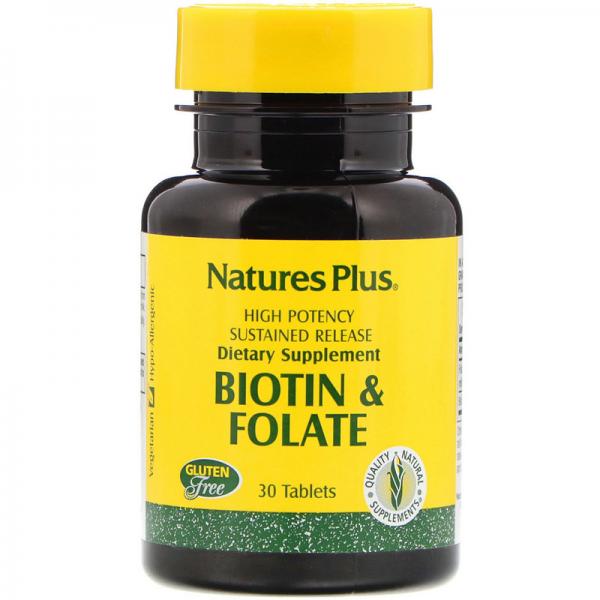 Фолиевая кислота и биотин, Biotin & Folic Acid, Nature's Plus, 30 таблеток - Фото 1