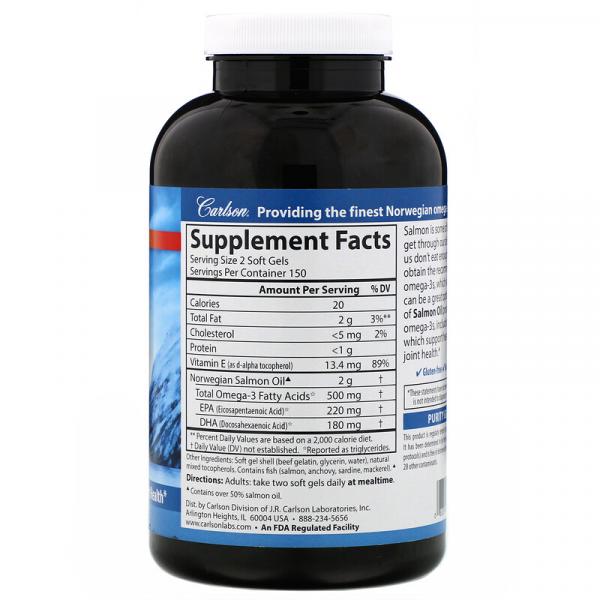 Масло лосося, норвежское, Salmon Oil, Carlson Labs, 500 мг, 300 капсул - Фото 2