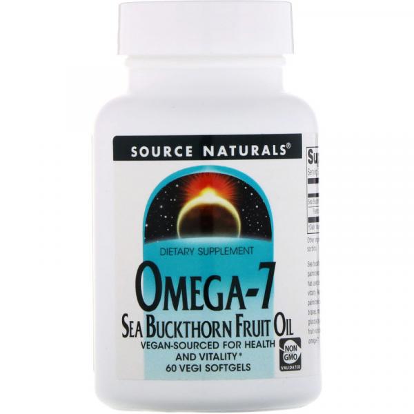 Омега-7, фруктовое масло облепихи, Omega-7, Sea Buckthorn Fruit Oil, Source Naturals, 60 растительных мягких желатиновых капсул - Фото 1