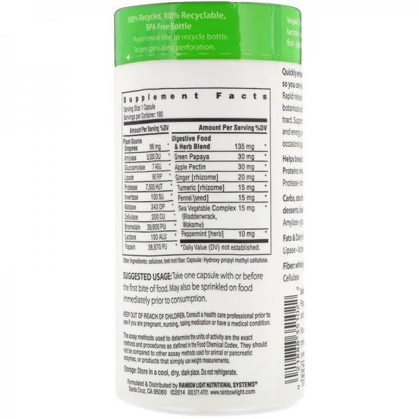 Усовершенствованная система ферментов, Advanced Enzyme System, Rapid Release Formula, Rainbow Light, 180 вегетарианских капсул - Фото 2