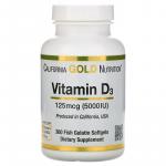 Витамин Д3, Vitamin D3, California Gold Nutrition, 125 мкг (5000 МЕ), 360 рыбно-желатиновых капсул  - Фото миниатюра 1