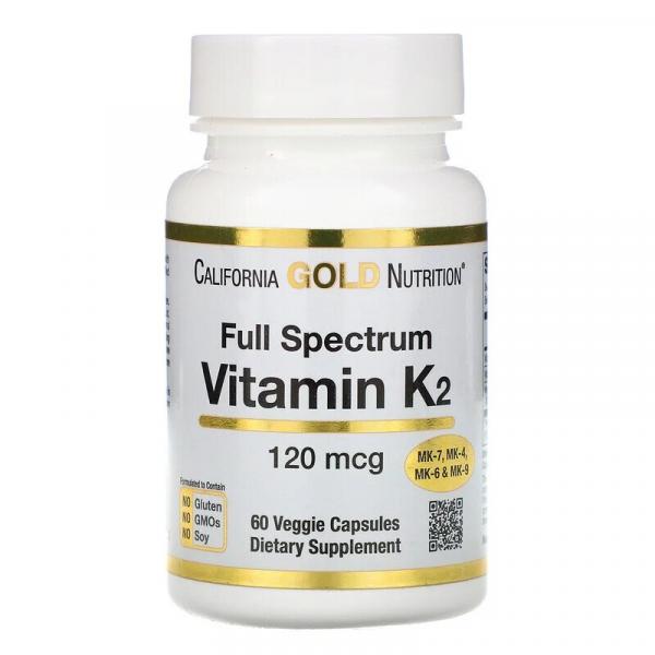 Витамин К2 (в виде МК-4, МК-6, МК-7, МК-9), Vitamin K2, California Gold Nutrition, 120 мкг, 60 растительных капсул  - Фото 1