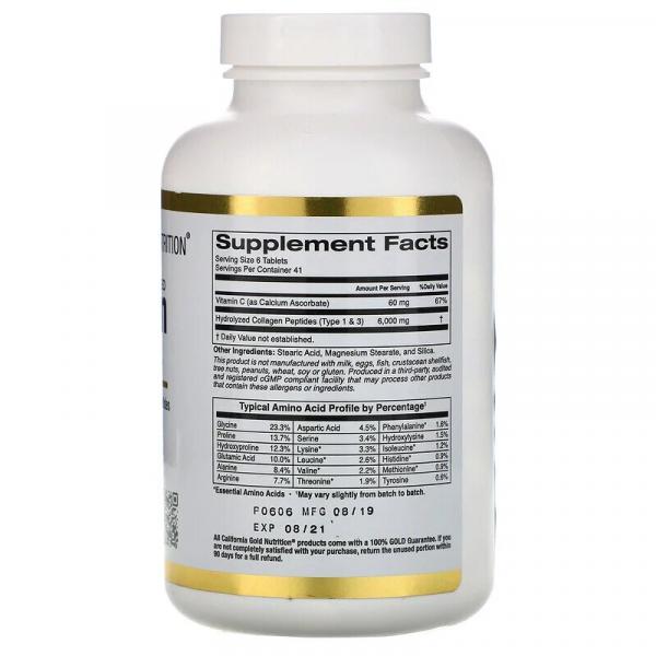 Collagen + Vitamin C, Гидролизованные коллагеновые пептиды + витамин С, California Gold Nutrition, тип I и III, 6000 мг, 250 таблеток  - Фото 2