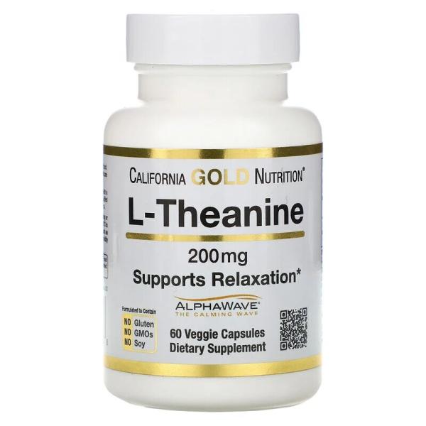 L-теанин, L-theanine, California Gold Nutrition, 200 мг, 60 растительных капсул - Фото 1