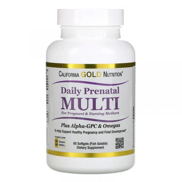 Мультивитамины для беременных и кормящих матерей, Prenatal Multi, California Gold Nutrition, 60 мягких желатиновых капсул с рыбьим жиром - Фото 1