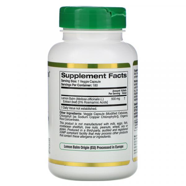 Экстракт мелиссы, европейское качество, Lemon Balm, California Gold Nutrition, EuroHerbs, 500 мг, 180 растительных капсул - Фото 2