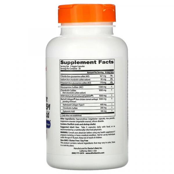 Глюкозамин Хондротин МСМ + Гиалуроновая Кислота, BioCell Collagen, Doctor's Best, 150 капсул - Фото 2