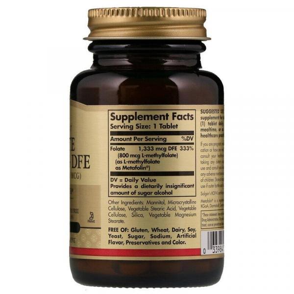 Фолат (метафолин), Folate, Solgar, 800 мкг (1333 мкг DFE), 100 таблеток - Фото 2