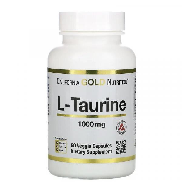 L-таурин, L-Taurine, AjiPure, California Gold Nutrition, 1000 мг, 60 растительных капсул - Фото 1