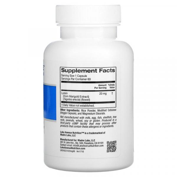 Лютеин, Lutein, Lake Avenue Nutrition, 20 мг, 60 растительных капсул - Фото 2
