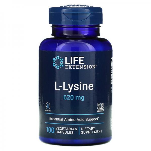 L-лизин, L-lysine, Life Extension, 620 мг, 100 растительных капсул - Фото 1