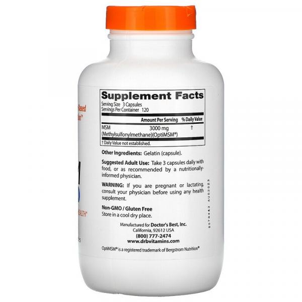МСМ с OptiMSM, MSM with OptiMSM, Doctor's Best, 1000 мг, 360 капсул - Фото 2