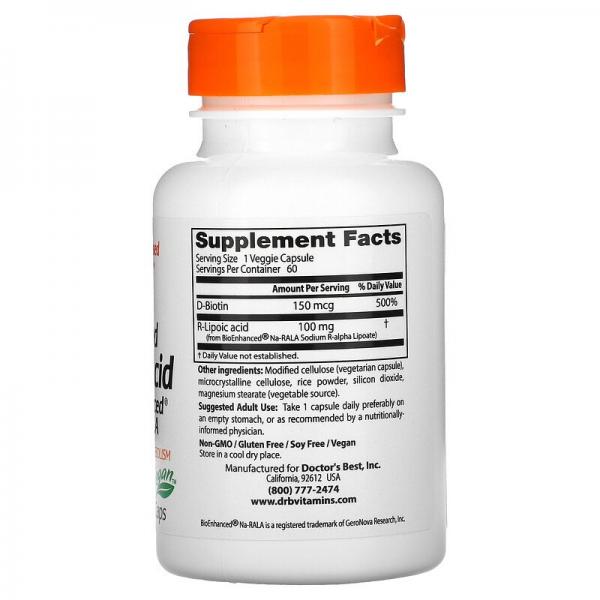 R-Липоевая Кислота, R-Lipoic Acid, Doctor's Best, 100 мг, 60 капсул - Фото 2