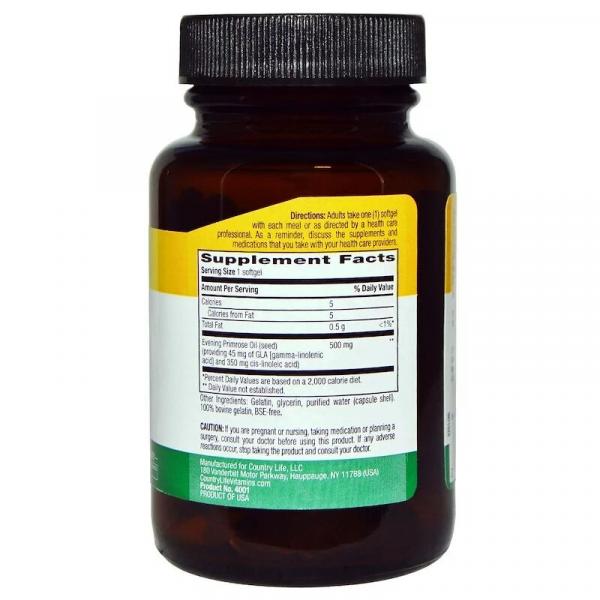 Масло примулы вечерней (Evening Primrose Oil), 500 мг, Country Life, 60 желатиновых капсул - Фото 2