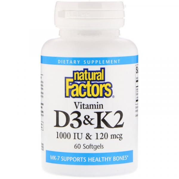 Вітаміни D3 і K2, Vitamin D3 & K2, Natural Factors, 60 м'яких желатинових капсул - Фото 1