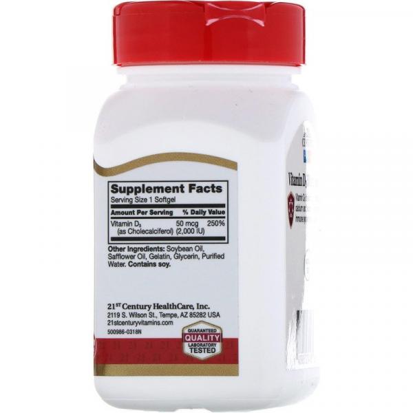 Витамин D3, Vitamin D3, 21st Century, 50 мкг (2000 МЕ), 250 мягких желатиновых капсул - Фото 2