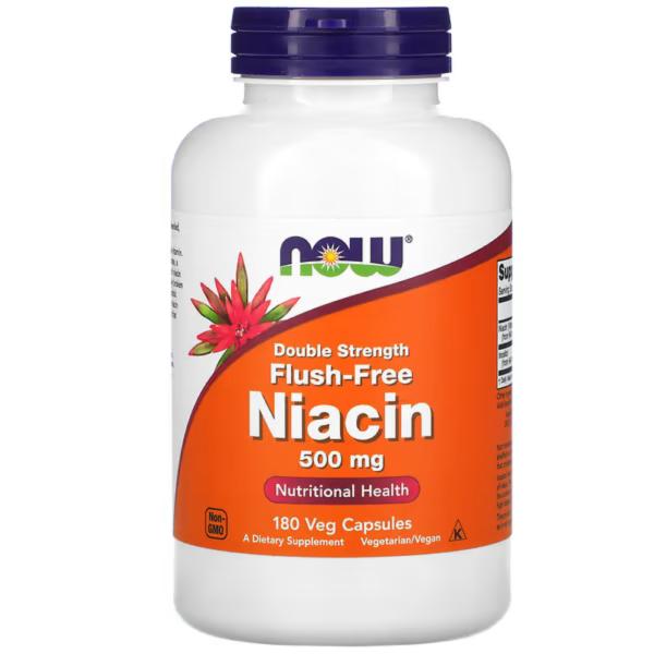Ниацин, не вызывающий приливов, двойная сила, Niacin Flush Free Double Strength, Now Foods, 500 мг, 180 растительных капсул - Фото 1