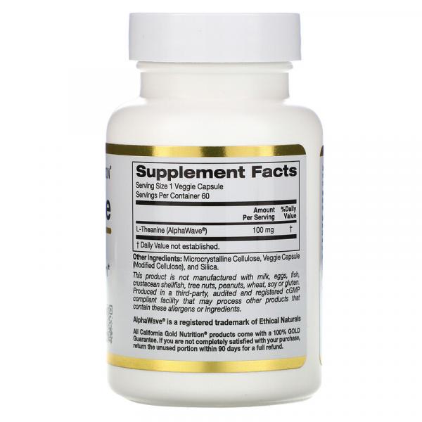 L-теанин, L-theanine, California Gold Nutrition, 100 мг, 60 растительных капсул  - Фото 2