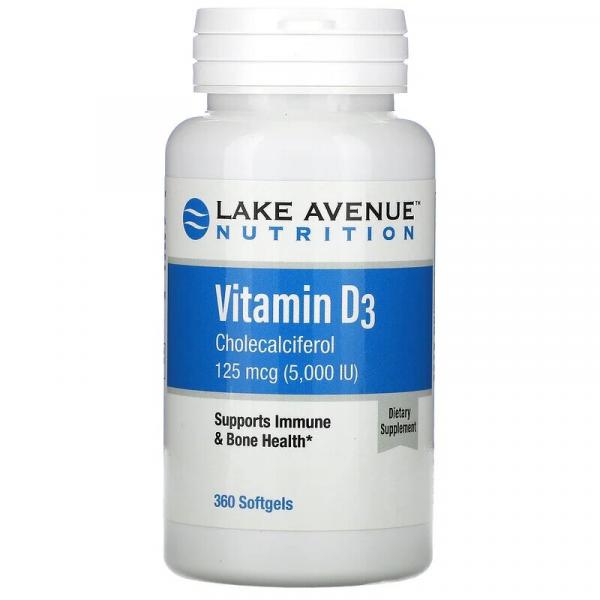 Витамин Д3, Vitamin D3, Lake Avenue Nutrition, 125 мкг (5000 МЕ), 360 гелевых капсул - Фото 1
