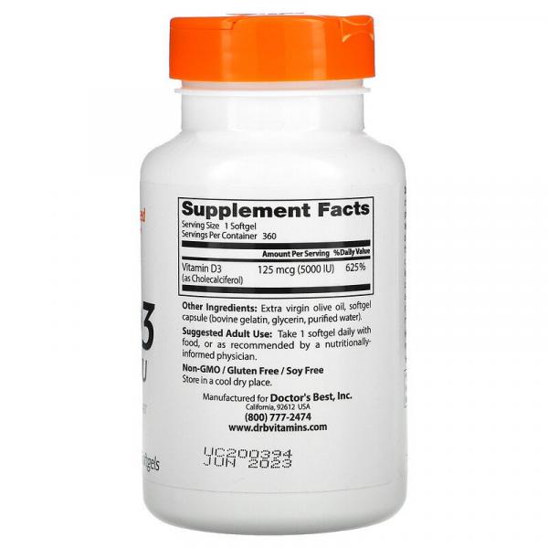 Витамин Д3, Vitamin D3, Doctor's Best, 125 мкг (5000 МЕ), 360 капсул - Фото 2