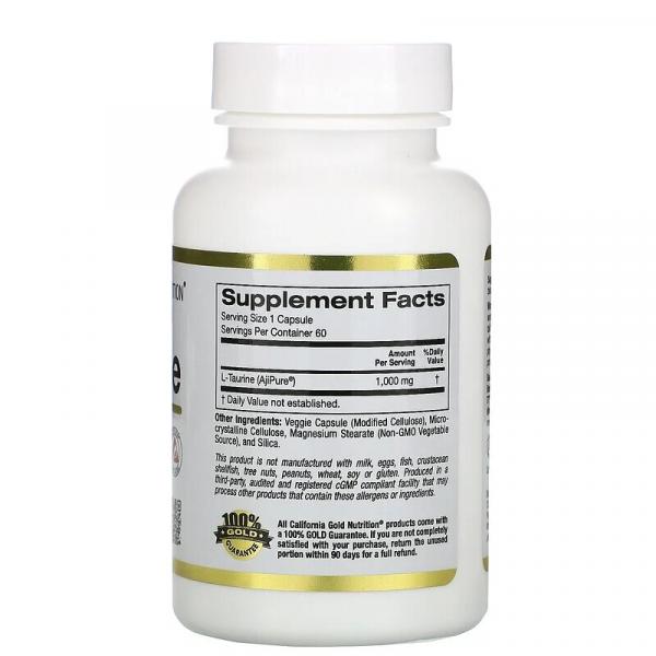 L-таурин, L-Taurine, AjiPure, California Gold Nutrition, 1000 мг, 60 растительных капсул - Фото 2