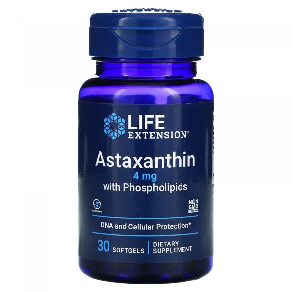 Астаксантин с фосфолипидами, Astaxanthin with Phospholipids, Life Extension, 4 мг, 30 мягких капсул  - Фото 1