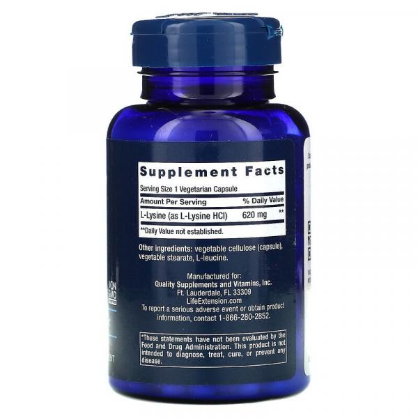 L-лизин, L-lysine, Life Extension, 620 мг, 100 растительных капсул - Фото 2
