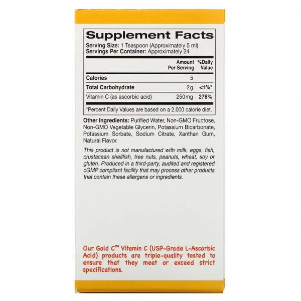 Витамин C в жидкой форме для детей, класса USP, натуральный апельсиновый вкус, Gold C, California Gold Nutrition, 118 мл (4 жидк. унции) - Фото 2