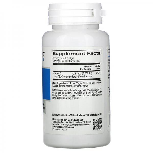 Витамин Д3, Vitamin D3, Lake Avenue Nutrition, 125 мкг (5000 МЕ), 360 гелевых капсул - Фото 2