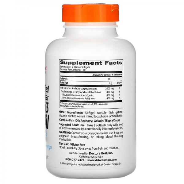 Очищенный и прозрачный рыбий жир с омега-3, Doctor's Best, Purifield & Clear Omega3 Fish Oil, 1000 мг, 120 рыбно-желатиновых капсул - Фото 2