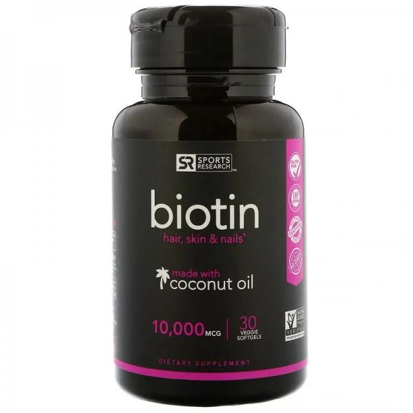 Биотин с кокосовым маслом, Sports Research, 10000 мкг, 30 растительных мягких таблеток - Фото 1
