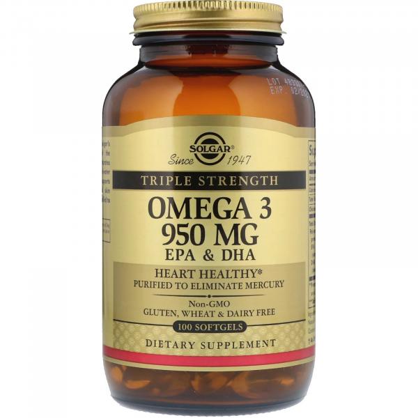 Рыбий жир, Омега - 3 (Omega-3, EPA DHA), Solgar, тройная сила, 950 мг, 100 капсул  - Фото 1