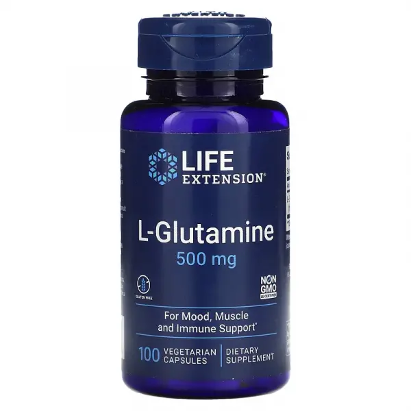 L-глютамин, L-Glutamine, Life Extension, 500 мг, 100 вегетарианских капсул - Фото 1